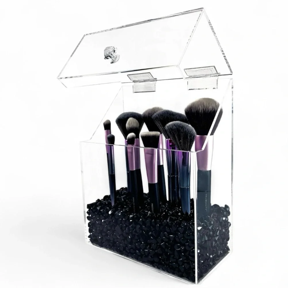 Large Clear Acrylic Makeup Brush Organizer Dustproof Holder Lid Box NEW